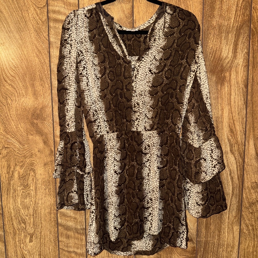 Parker Snakeskin Print V-Neck Mini Dress Brown Cream Tiered Bell Sleeve XS